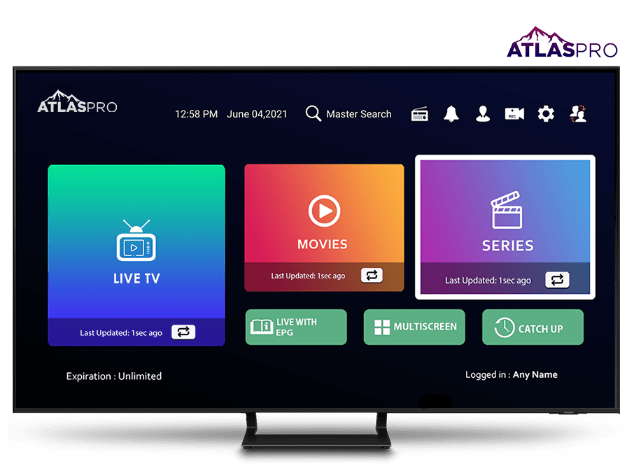 Interface d’Atlas Pro ONTV affichée sur Smart TV – guide complet pour installer Atlas Pro APK sur Android Box, Fire Stick et TV