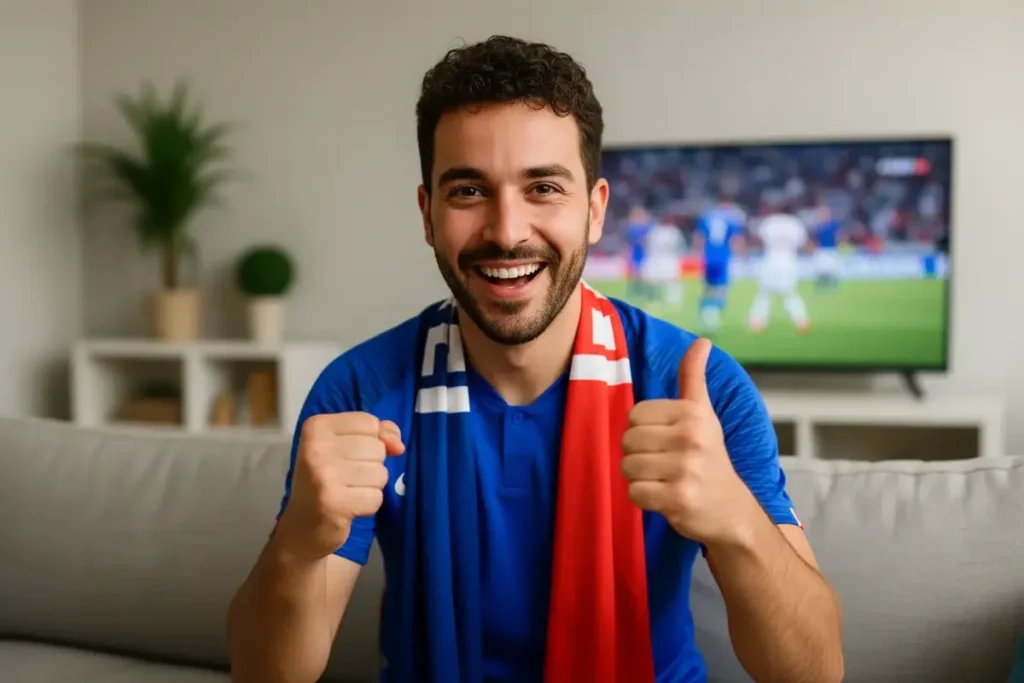 Fan heureux regardant un match avec Atlas Pro ONTV – profitez d’un abonnement Atlas Pro officiel et stable en France pour un streaming fluide et en 4K.