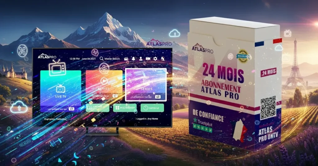 Bannière Atlas Pro 24 Mois IPTV officielle avec interface TV et boîte d’abonnement, illustrant 2 ans de streaming stable et fluide en France.