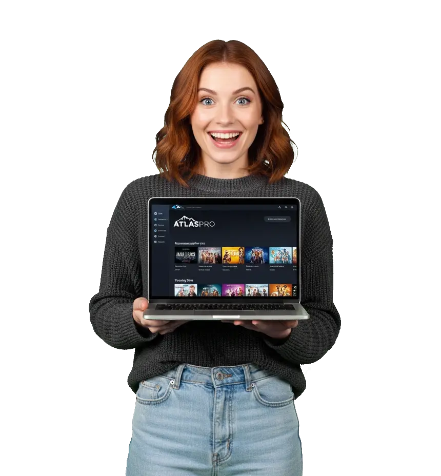 Jeune femme souriante présentant l’application Atlas Pro ONTV sur ordinateur portable – meilleure application Atlas Pro France 2026, Meilleure Abonnement Atlas Pro officiel, télécharger atlas pro