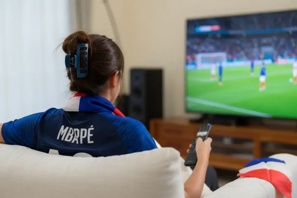 Femme française regardant un match de football sur sa Smart TV avec Atlas Pro ONTV – application officielle Atlas Pro France 2026.