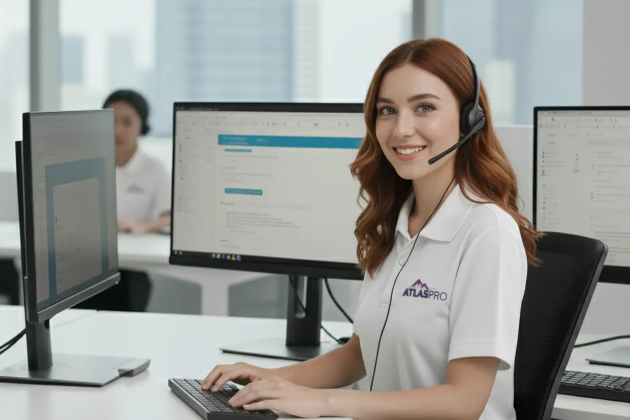 Conseillère du service client Atlas Pro France aidant un utilisateur à activer son compte via le code d’activation Atlas Pro Officiel